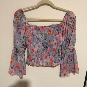 Lost and Wander Floral Smocked Off-Shoulder Crop Top - Pink Multi